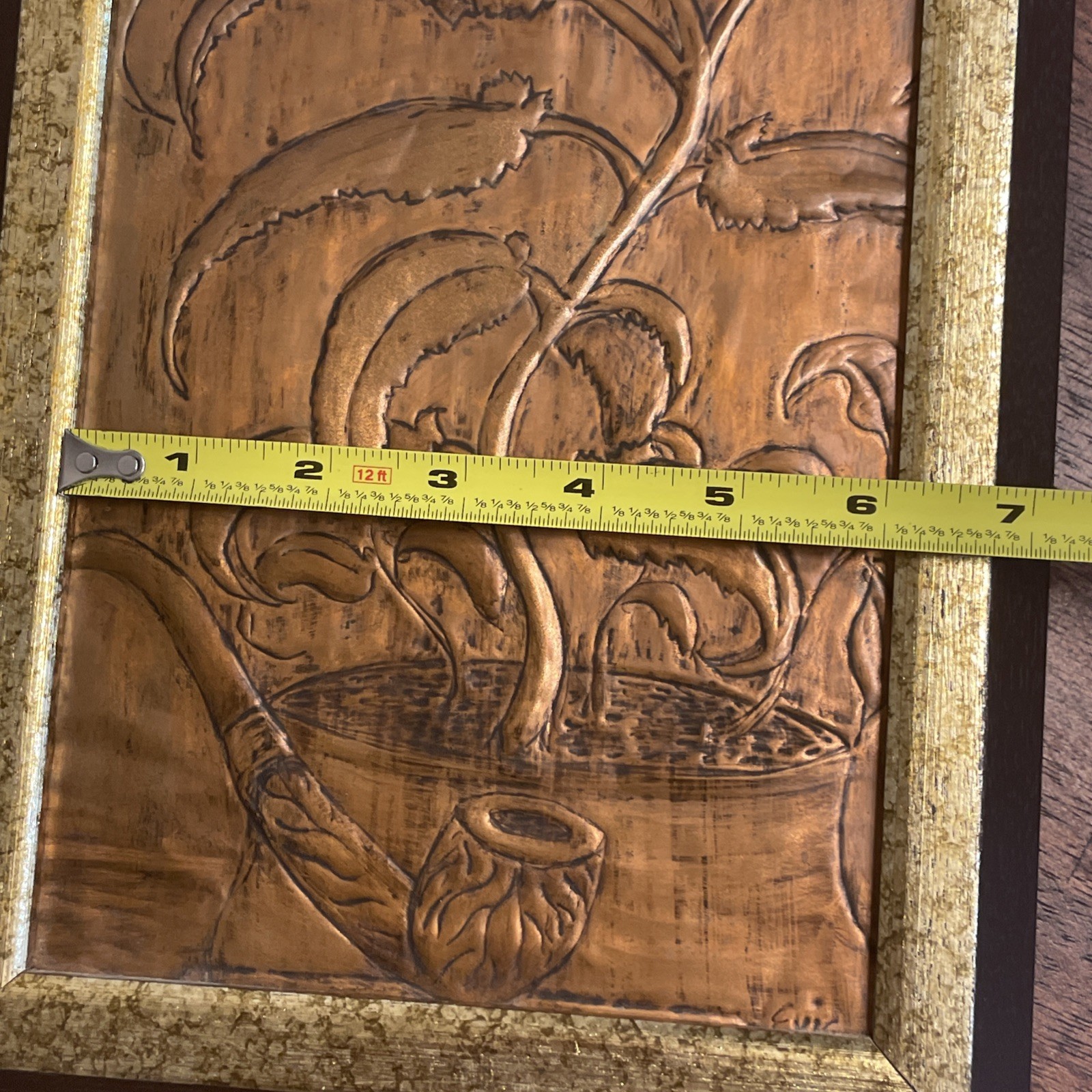 Vintage Signed Hammered Copper Art Smoking Pipe Tobacco Plant Framed Chicago