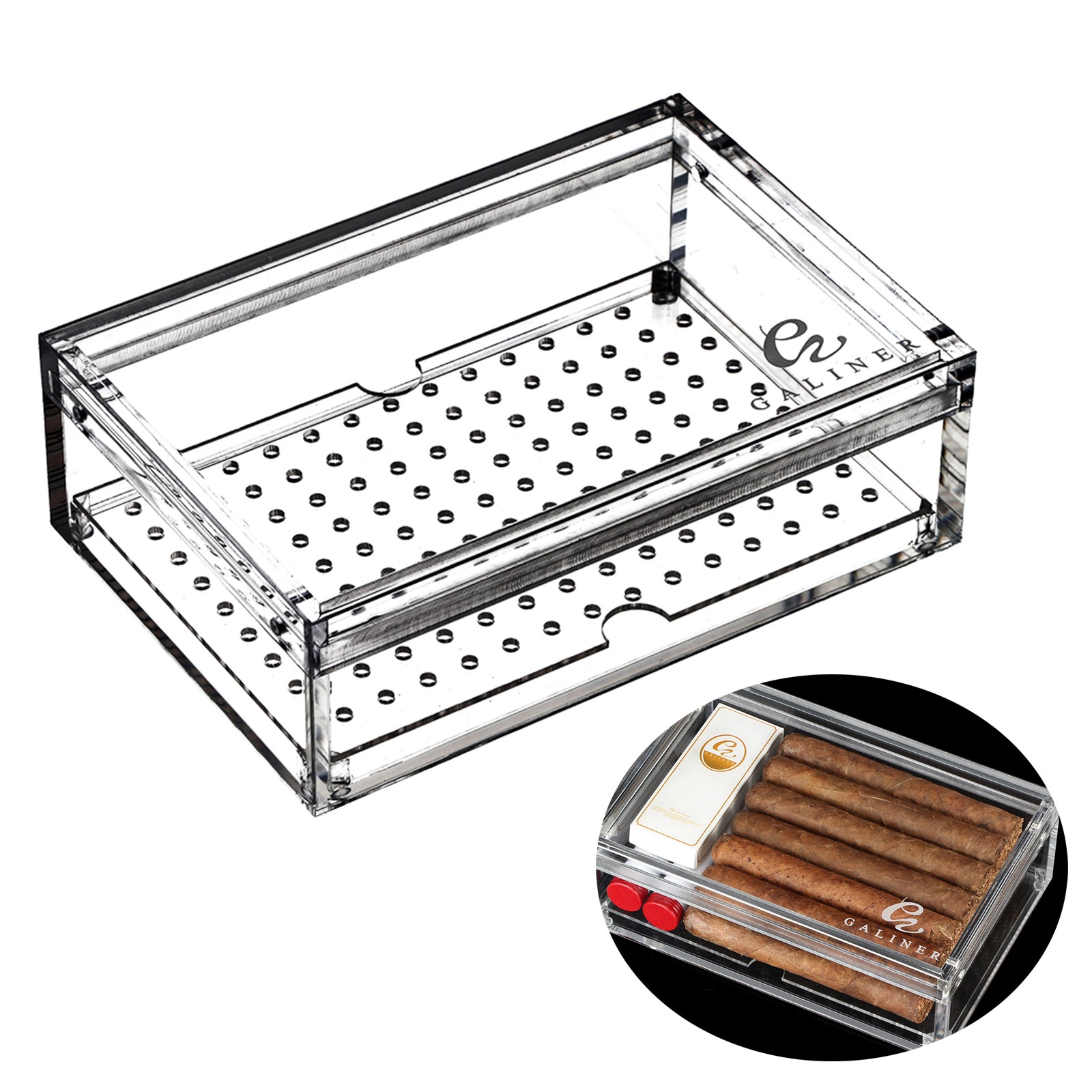 Clear Acrylic Cigar Humidor Hold 20-35 Cigars Airtight Box V-cutter Punch Holder