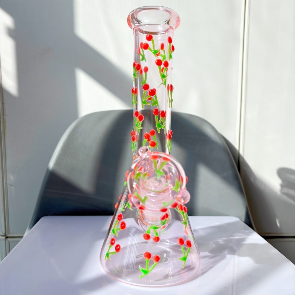 10″ Glow in the Dark Cherry Glass Bong Pink Beaker Water Pipe w/Bowl USA Stock