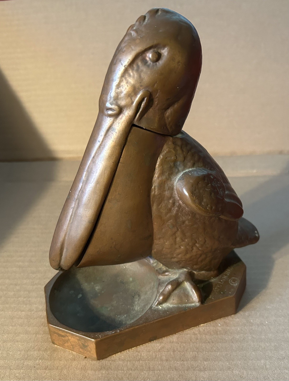 Antique Bronze Pompeian Pelican Cigarette and Matches Holder Ashtray Signed