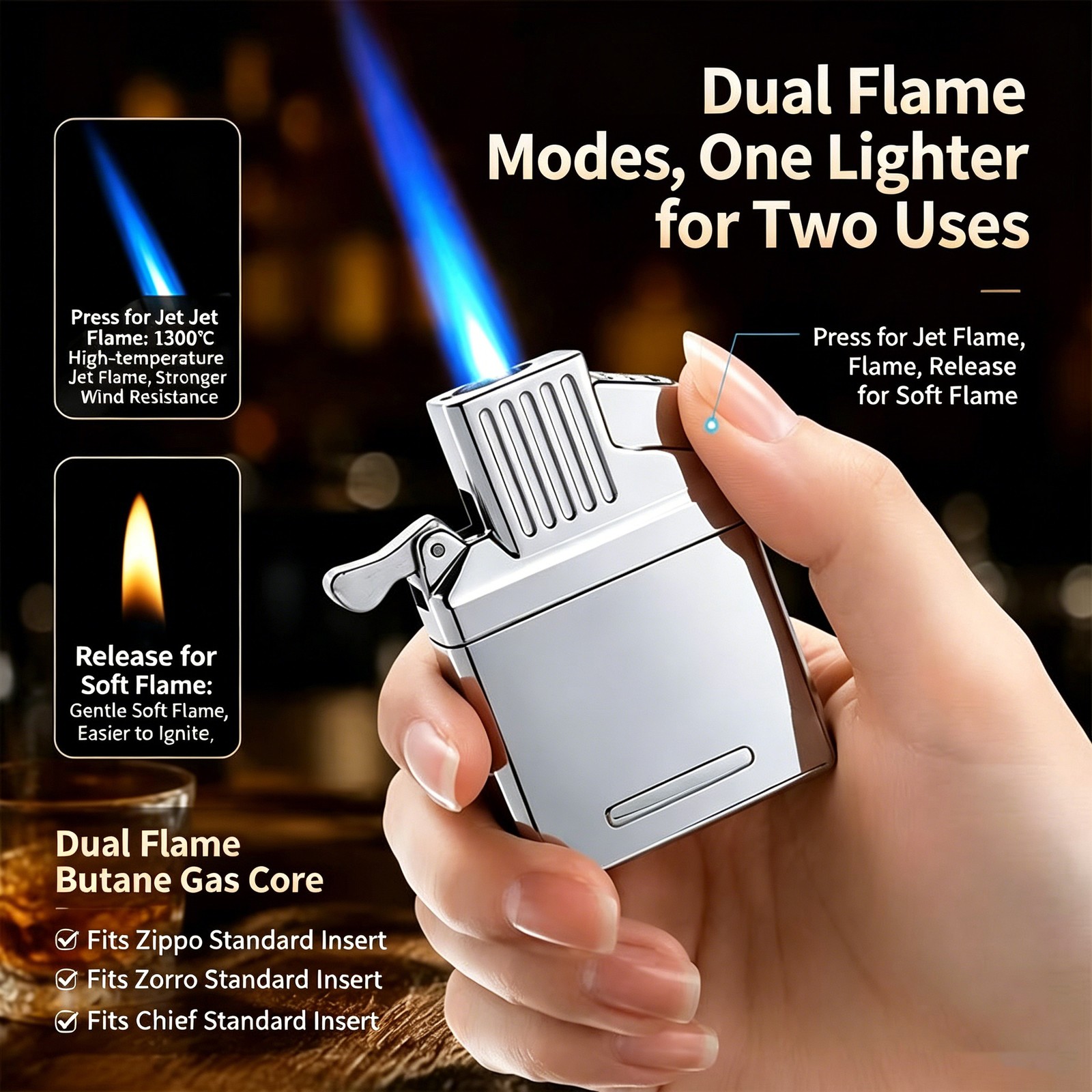 2-in-1 Jet Torch & Soft Flame Refillable Butane Lighter Insert For ZIPPO