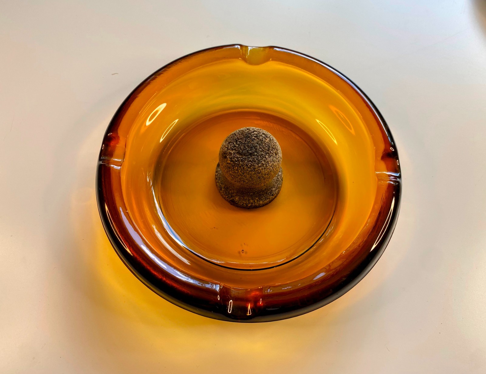 Vintage Fairfax Amber Glass Ashtray & Walnut Pipe Rest Holder