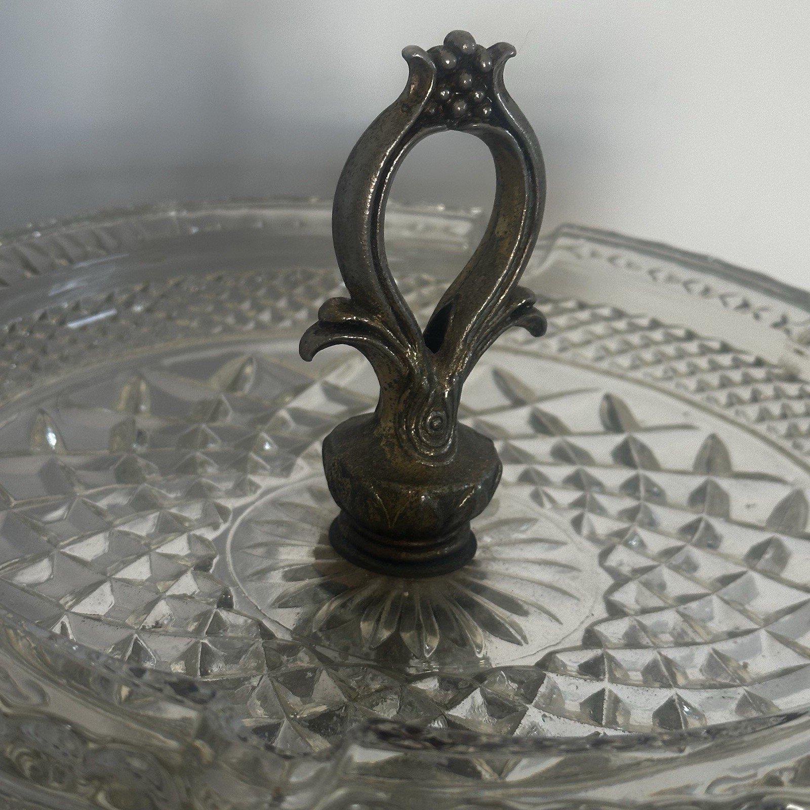 Vintage Cut Glass Standing Ashtray Brass Marble Regency Glam Nice Patina EUC