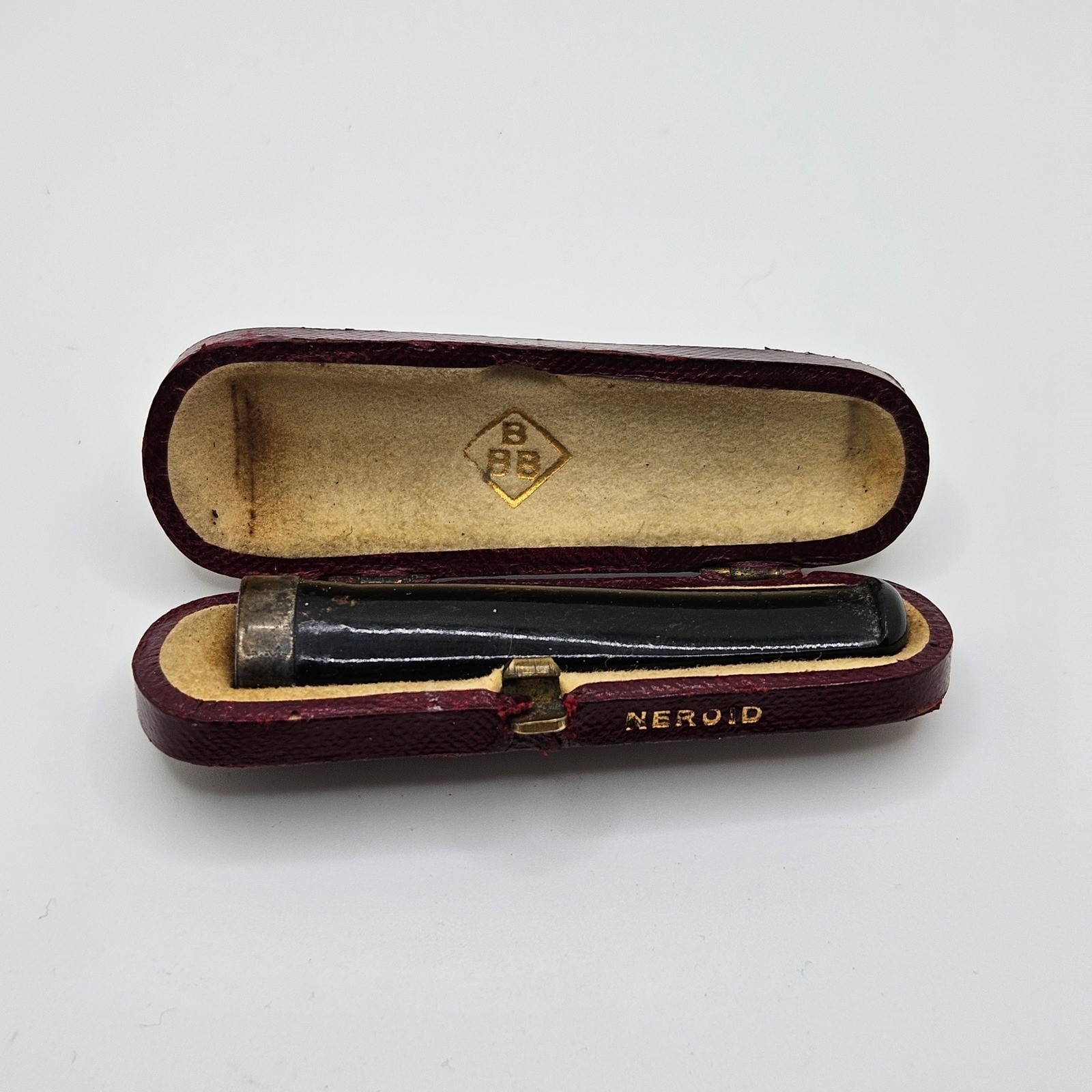 Vintage Victorian BBB Cigarette Holder Black Sterling Silver Rim Red Neroid Case