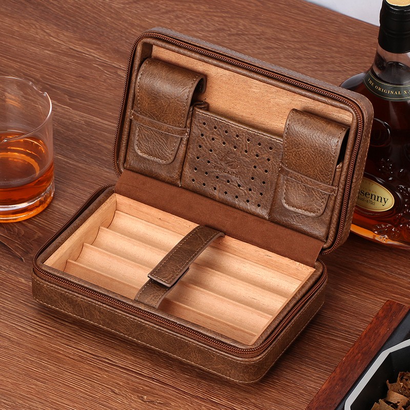 Galiner Travel Leather Cigar Humidor Case Cedar Wood Humidity Box Holder 4ct