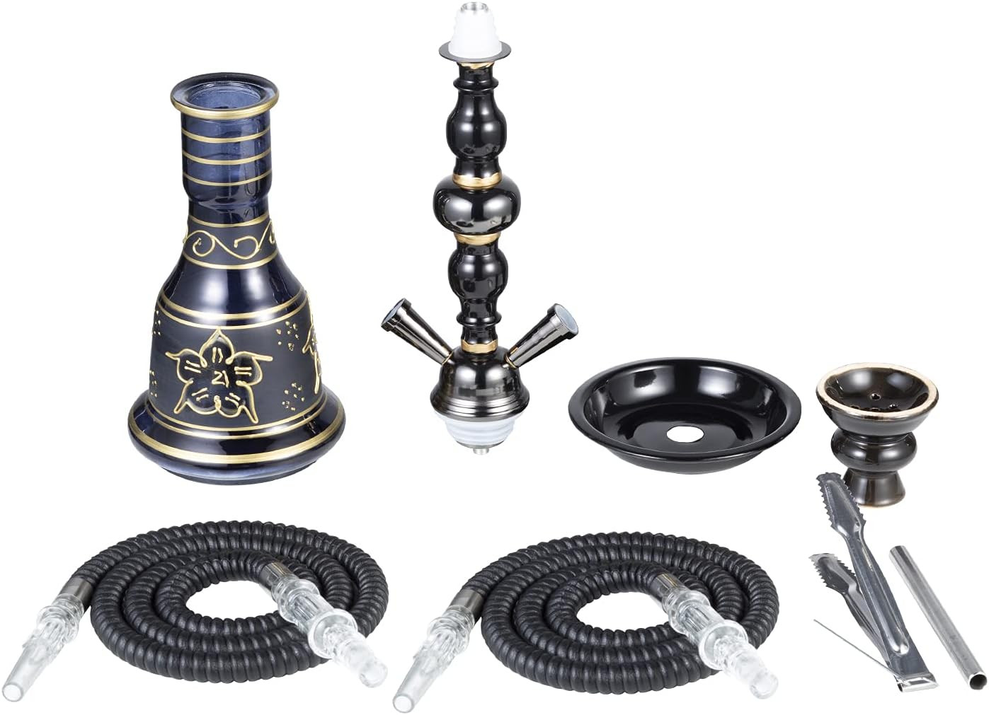 20″ Hookah Set – 2 Hose Premium Shisha Hookah Kit with Glass Vase, Ceramic Bowl