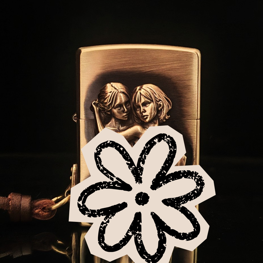 Two Girls Relief Keychain Zippo Lighter Brushed Brass Welded Emblem