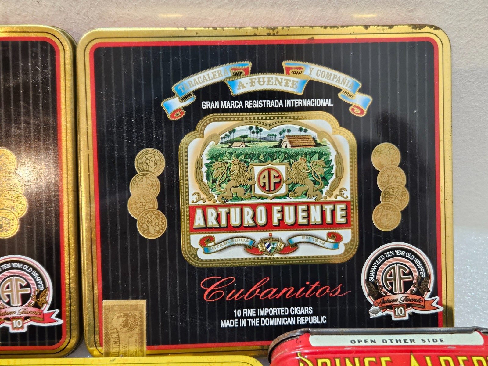 Lot of 5 Empty Pipe Tobacco/Cigarette Tins Arturo Fuente,Partagas,Prince Albert
