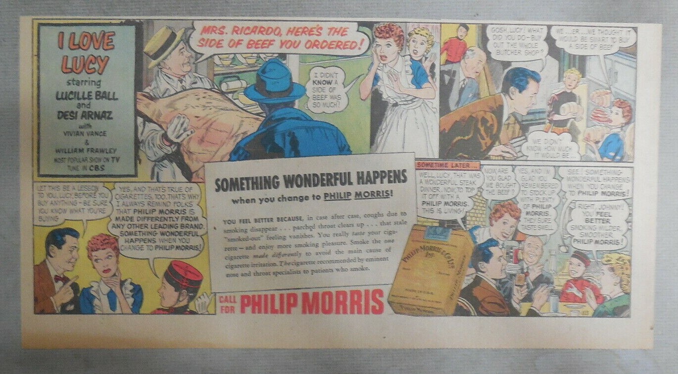 Phillip Morris Cigarette Ad: I Love Lucy, Lucille Ball 1950’s 7.5 x 15 inches