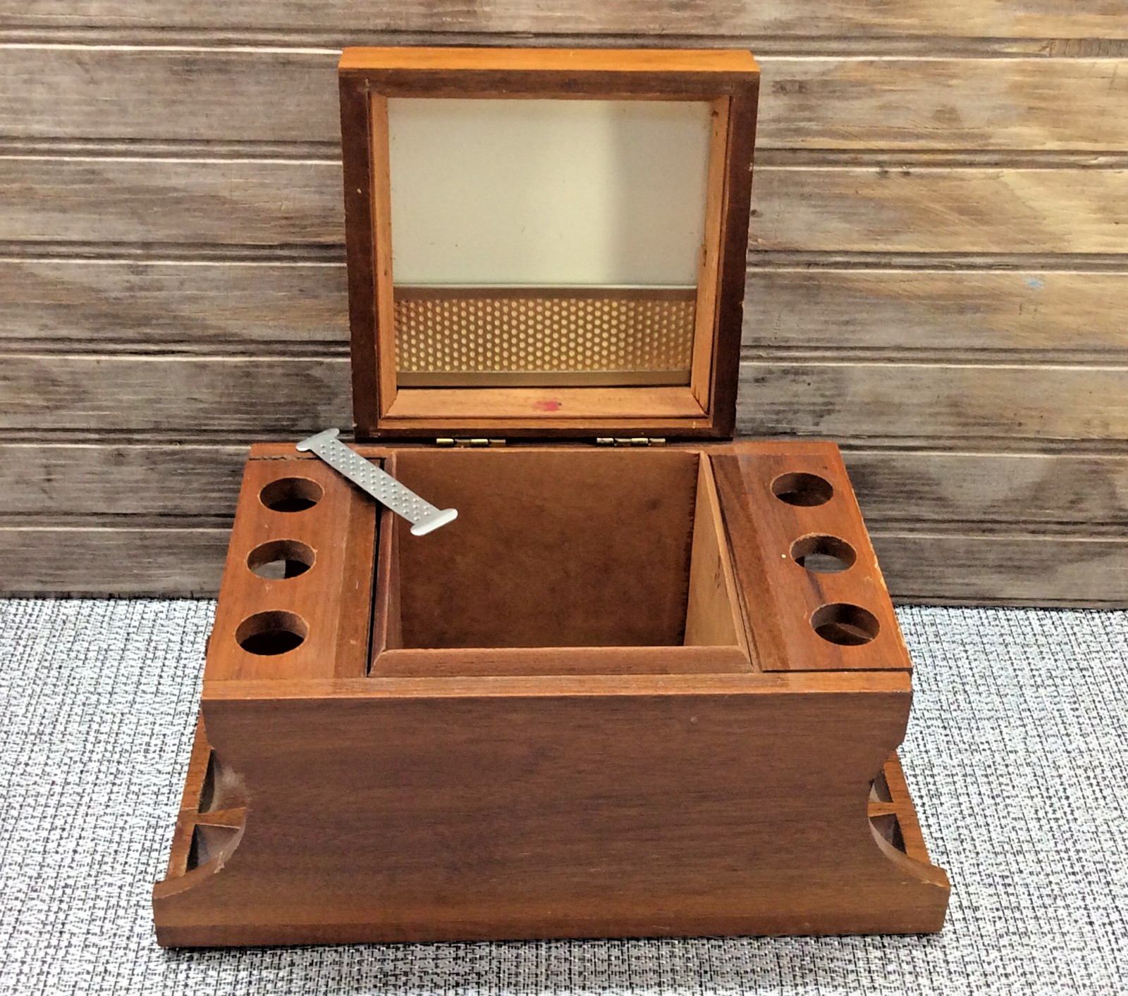 Tobacco Humidor Box & Pipe Stand 6 Slot Holder Genuine American Walnut 1950s MCM