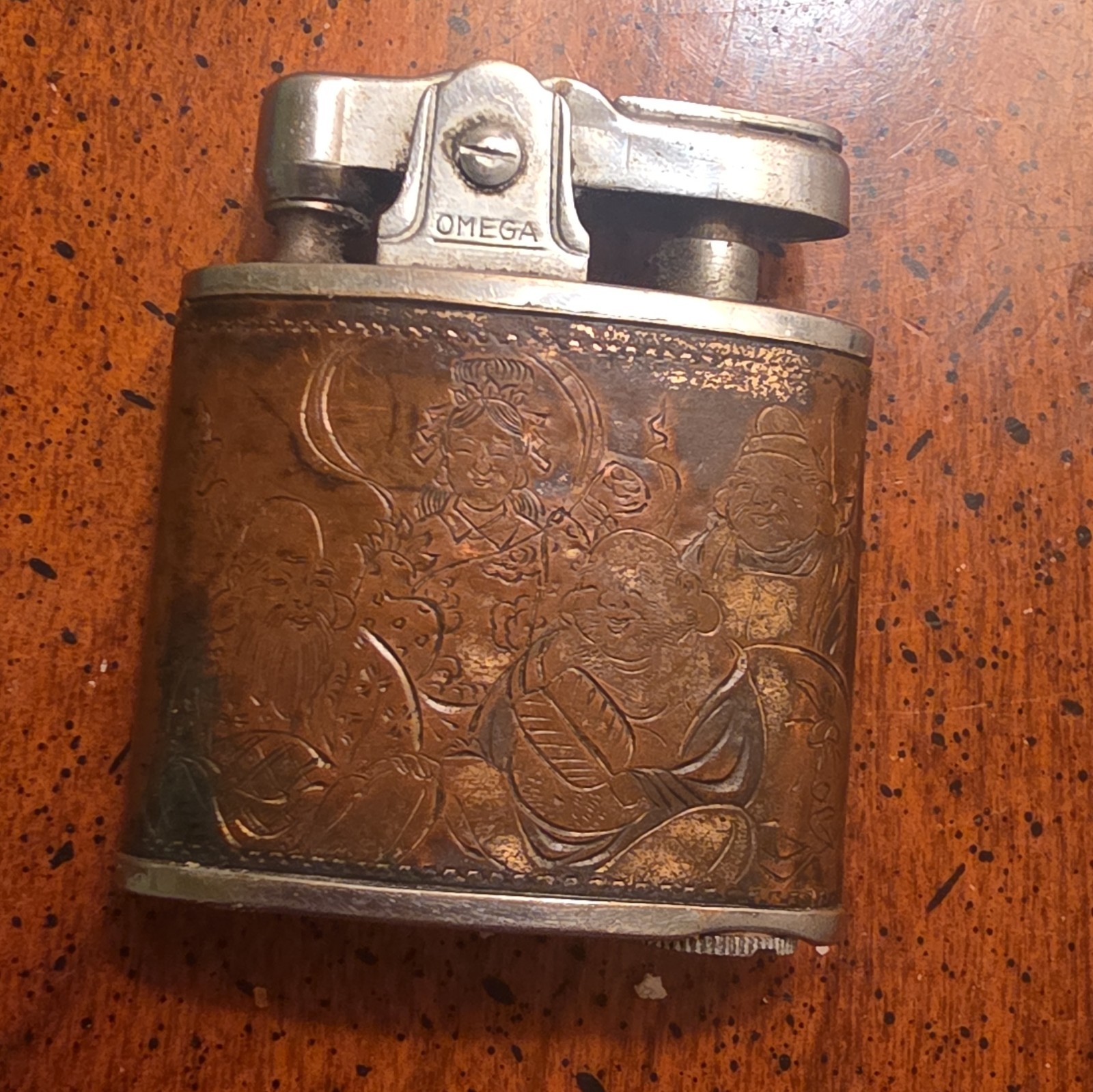 OMEGA Super Pocket Lighter Omega Mfg Co Engraved Metal, Bronze/Silver
