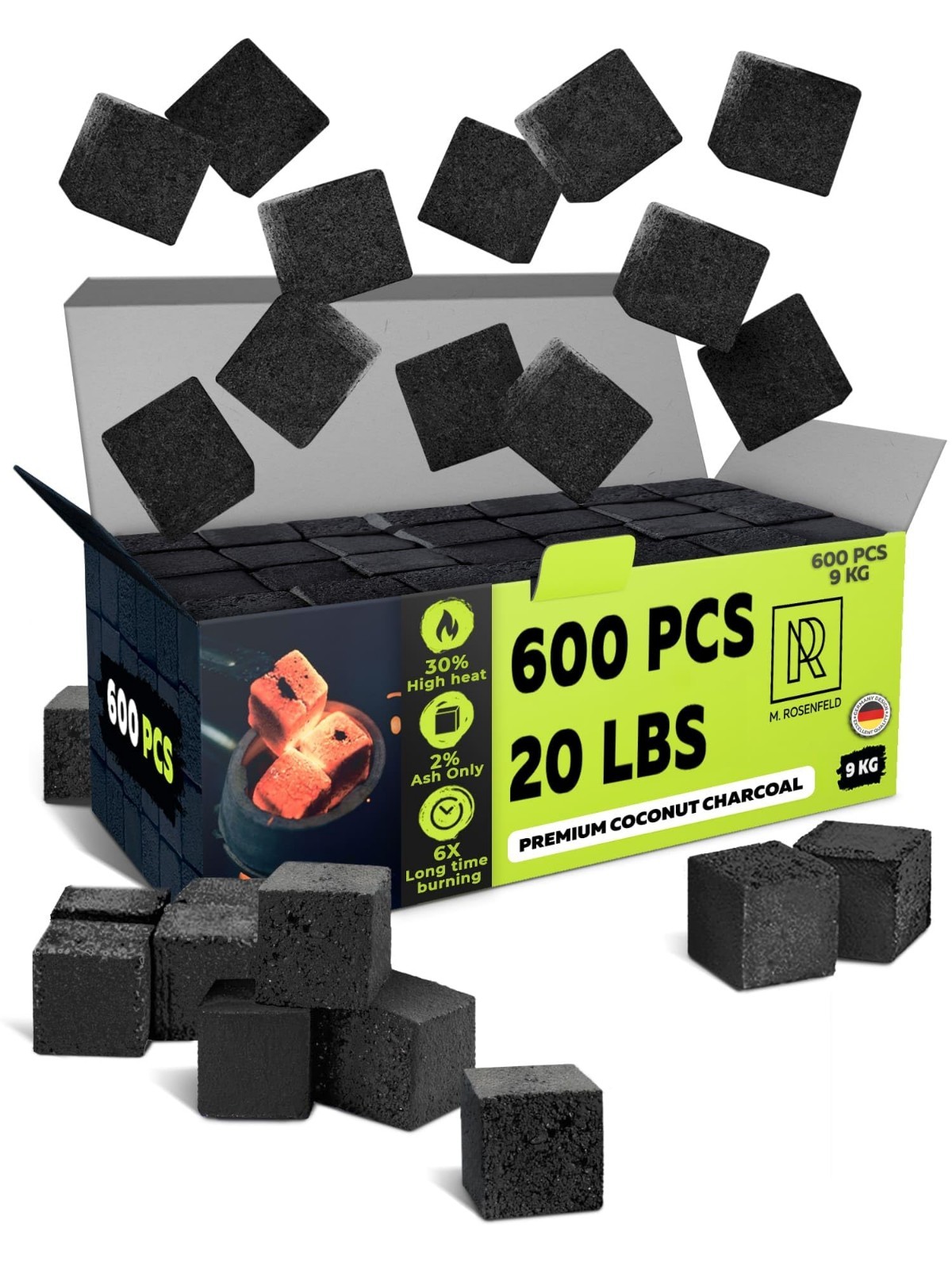 600 Pcs Premium Coconut Hookah Charcoal Coals – 25mm Natural Cube Pack (19.8 lbs