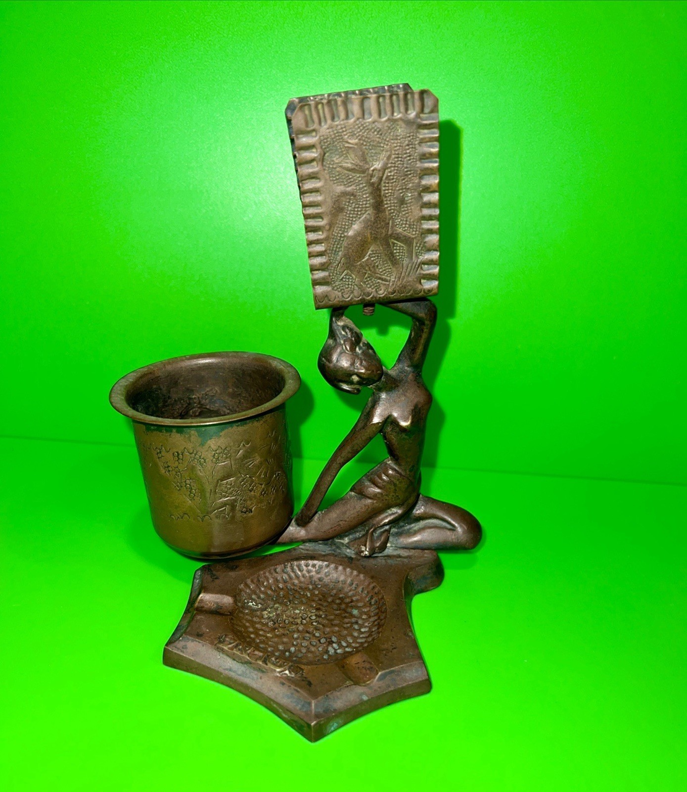 Antique Art Deco Statue Figurative Woman, Match, Cigarette Holder Ashtray Judea