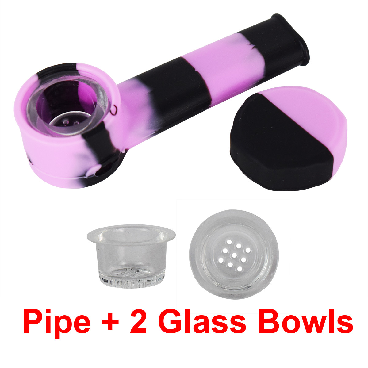 Silicone Smoking Pipe, Glass bowl & Cap Lid ~ Black & Pink ~ 3.5 in +2 bowls