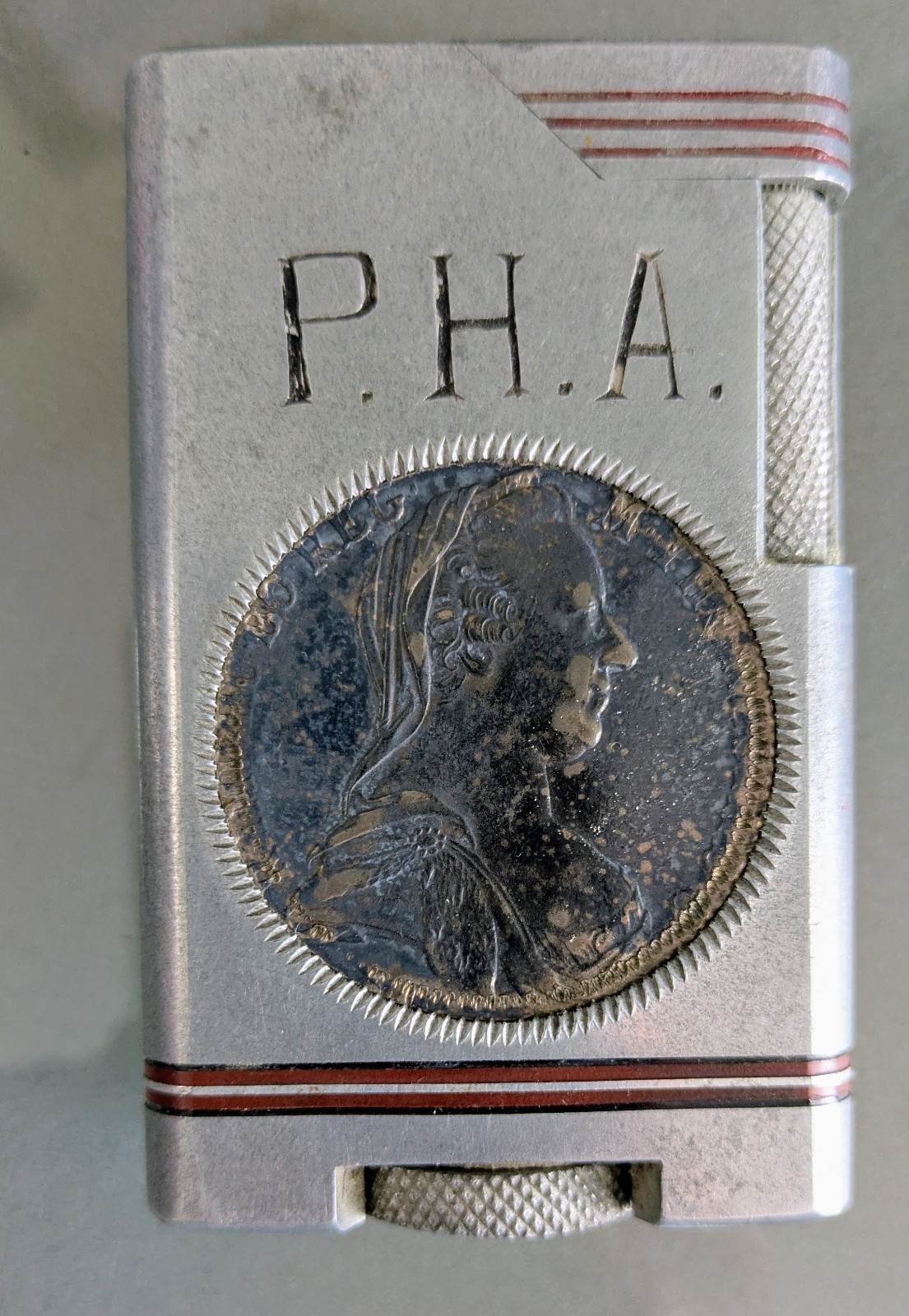 VTG Aluminum Lighter Maria Theresa 1780 Thaler Silver Coins, Inscribed P.H.A.