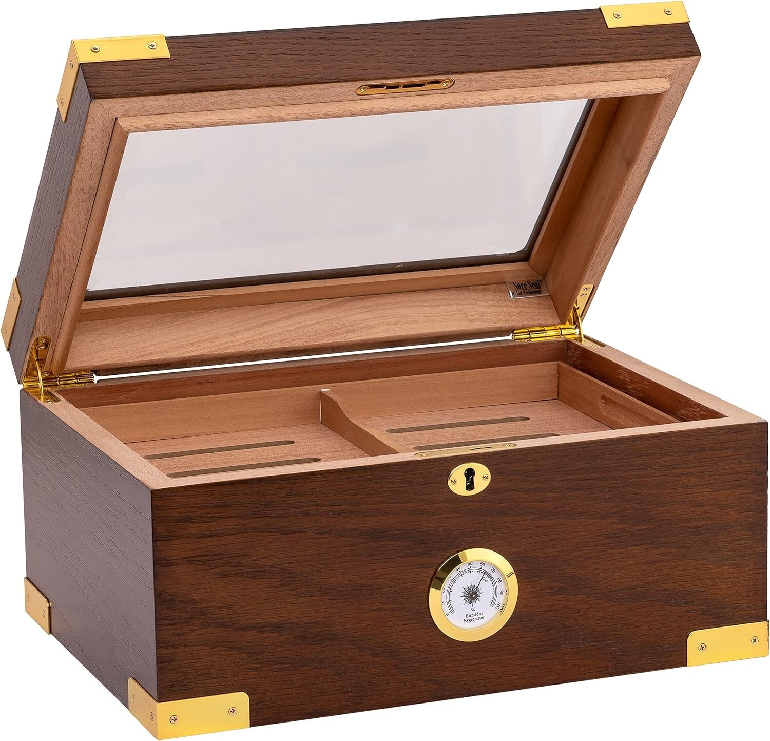 Elegant 100 Cigar Humidor Tempered Glasstop Cedar Spanish Divider, Brass Ring G