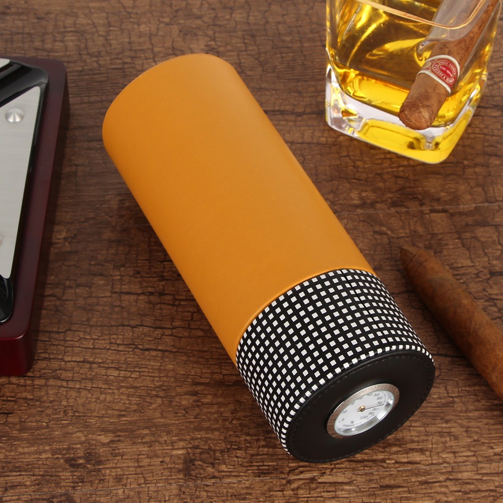Galiner Leather Cedar Wood Cigar Case Portable Tube Cutter 3 CT Brown Gift Box