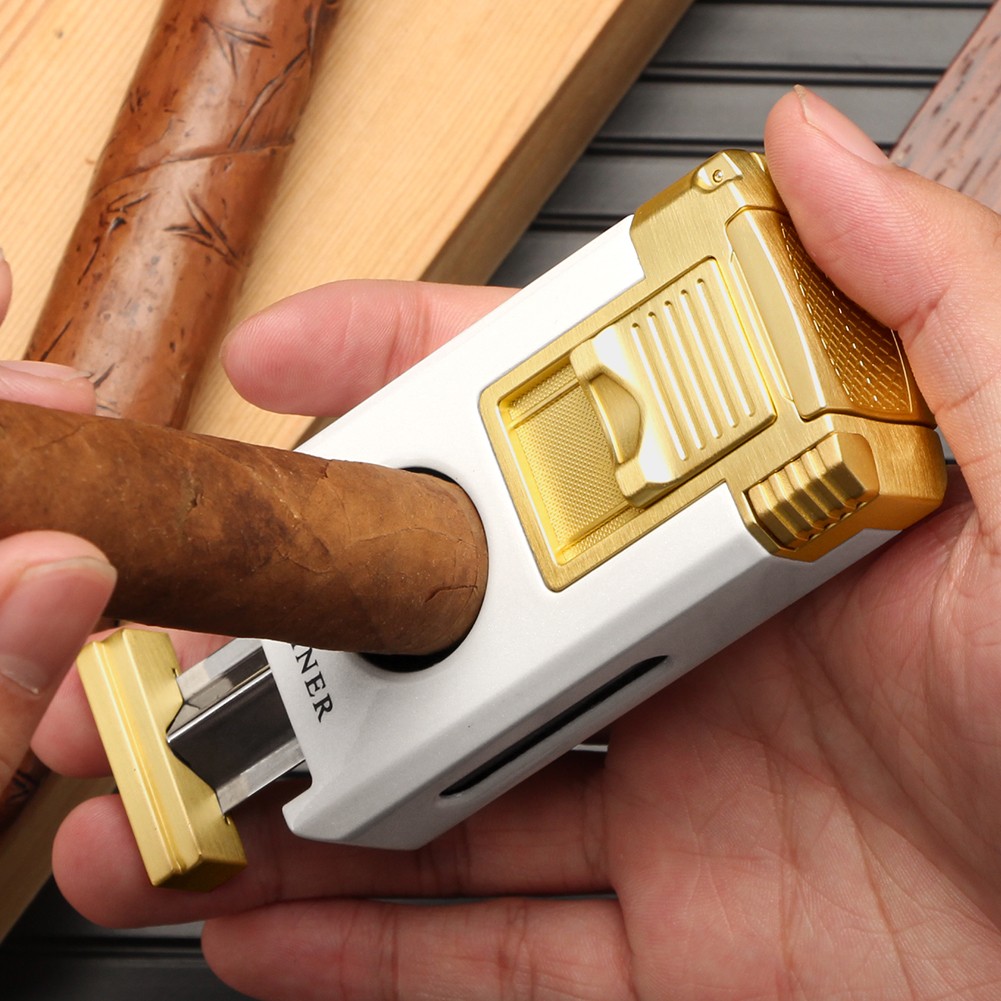 Galiner Butane 2 Jet Flame Torch Lighter Punch Cigar V-cut Holder Needle White