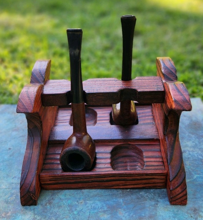 Set Of 2 Vintage Briarwood Tobacco Pipes With Handmade Stand