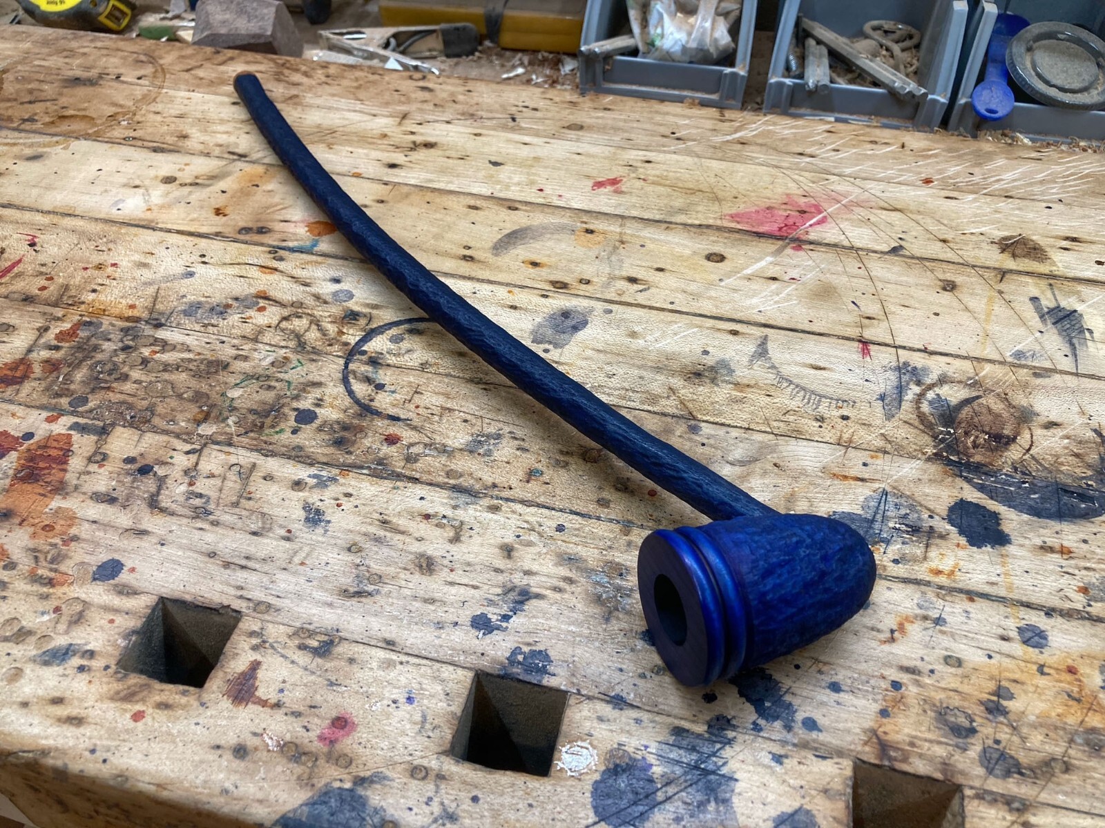 Wizard Smoking Pipe Long Stem Tobacco Pipe Rustic Black and Blue with Rings