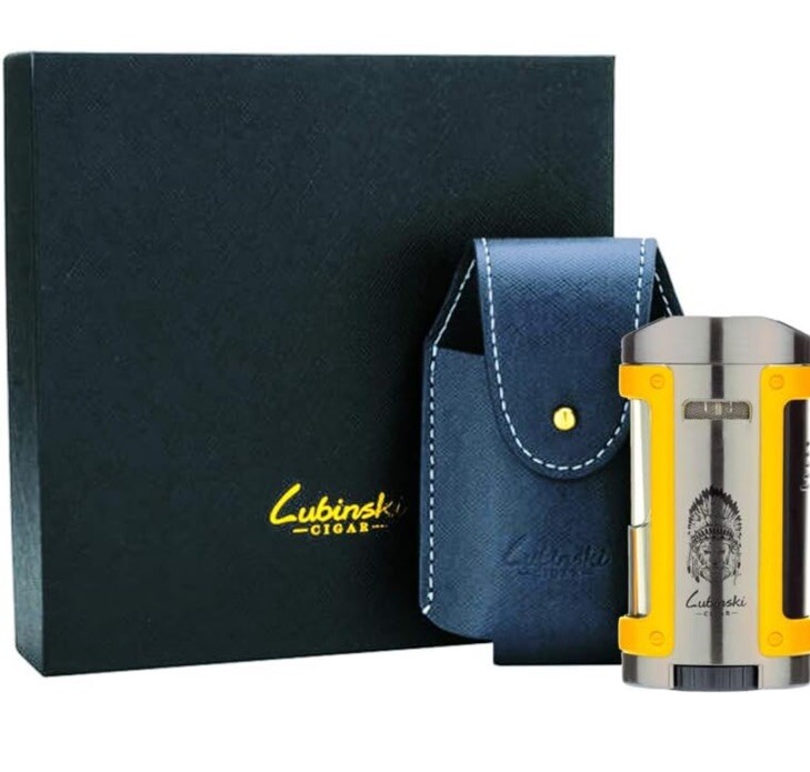 LUBINSKI Torch Cigar Lighter With Leather Case 4 Jet Flame Refillable Butane