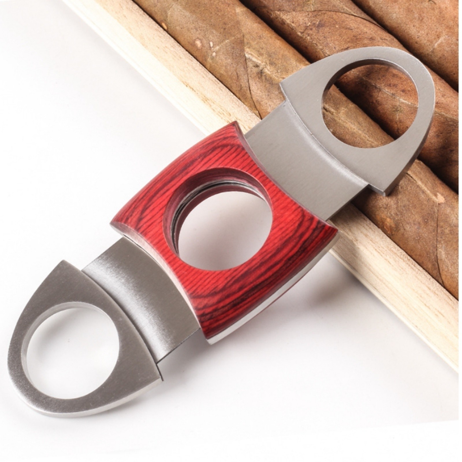 Red Wood Double Blade Cigar Cutter Stainless Steel Guillotine Cigar Scissors