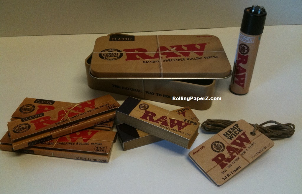 RAW Classic 1 1/4 Rolling Papers with Lighter, Hemp Wick, Tips and STORAGE TIN