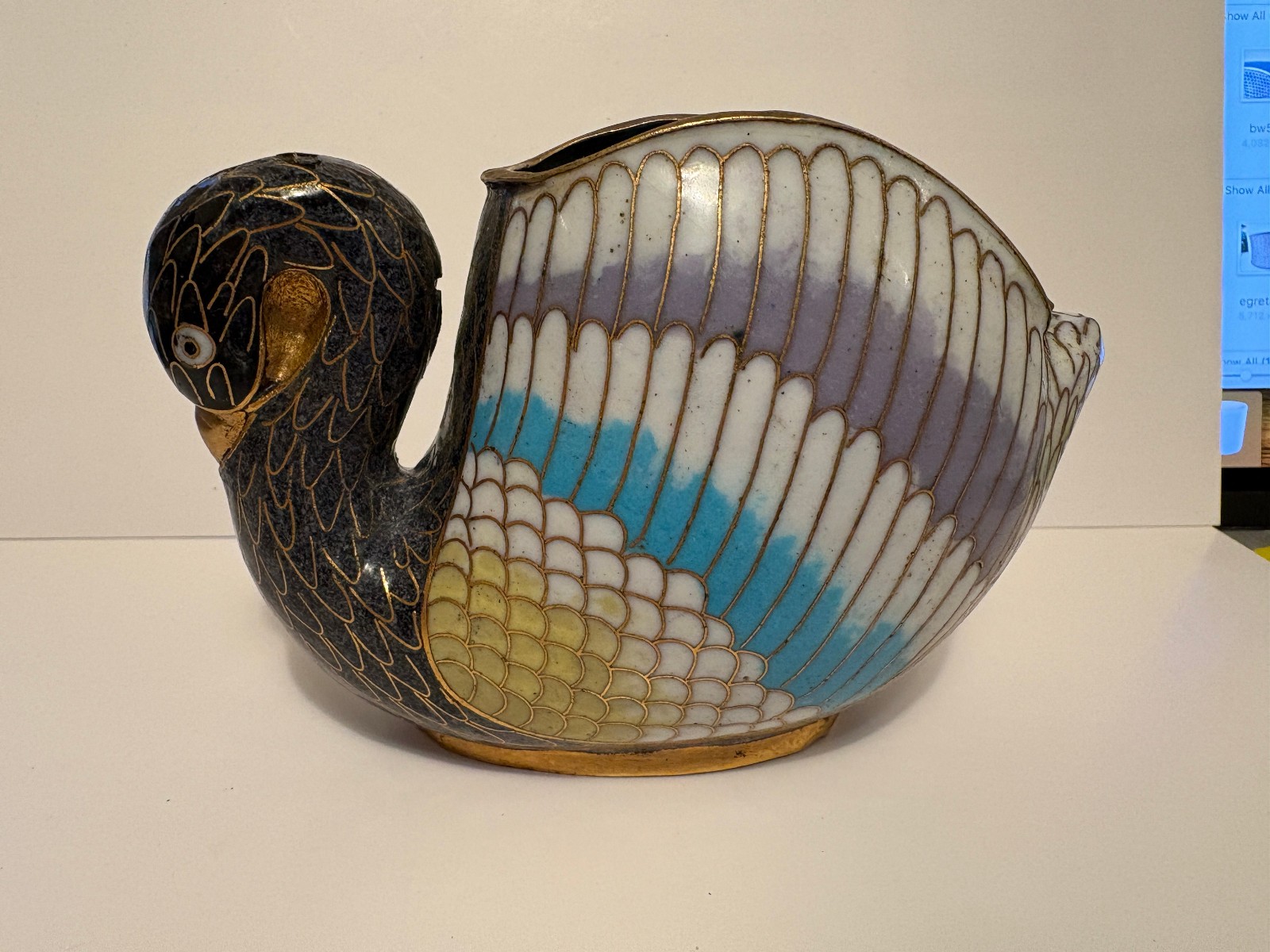 Cloisonne Enamel, Swan, Ashtray, MCM Vintage