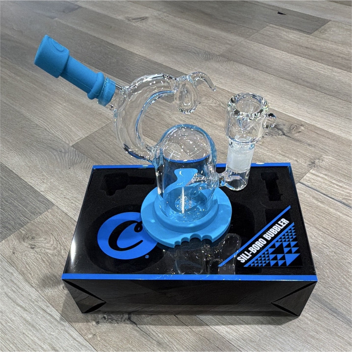 Cookies Sil-Boro Glass Mini Bubbler Water Pipe w/ Blue Silicone Base & Tip