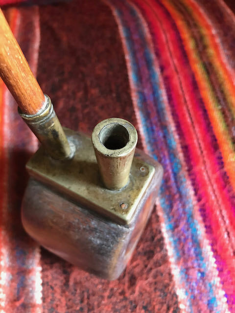 Unique Vintage Wooden Leather and Brass Pipe As Is Large 13″ tall
