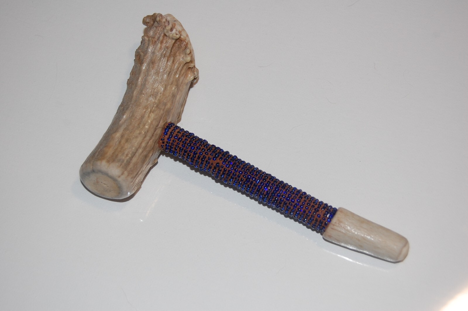 Real Deer Antler Smoking Pipe Seed Beads wrapped around the stem 6 3/4″ Long X 4