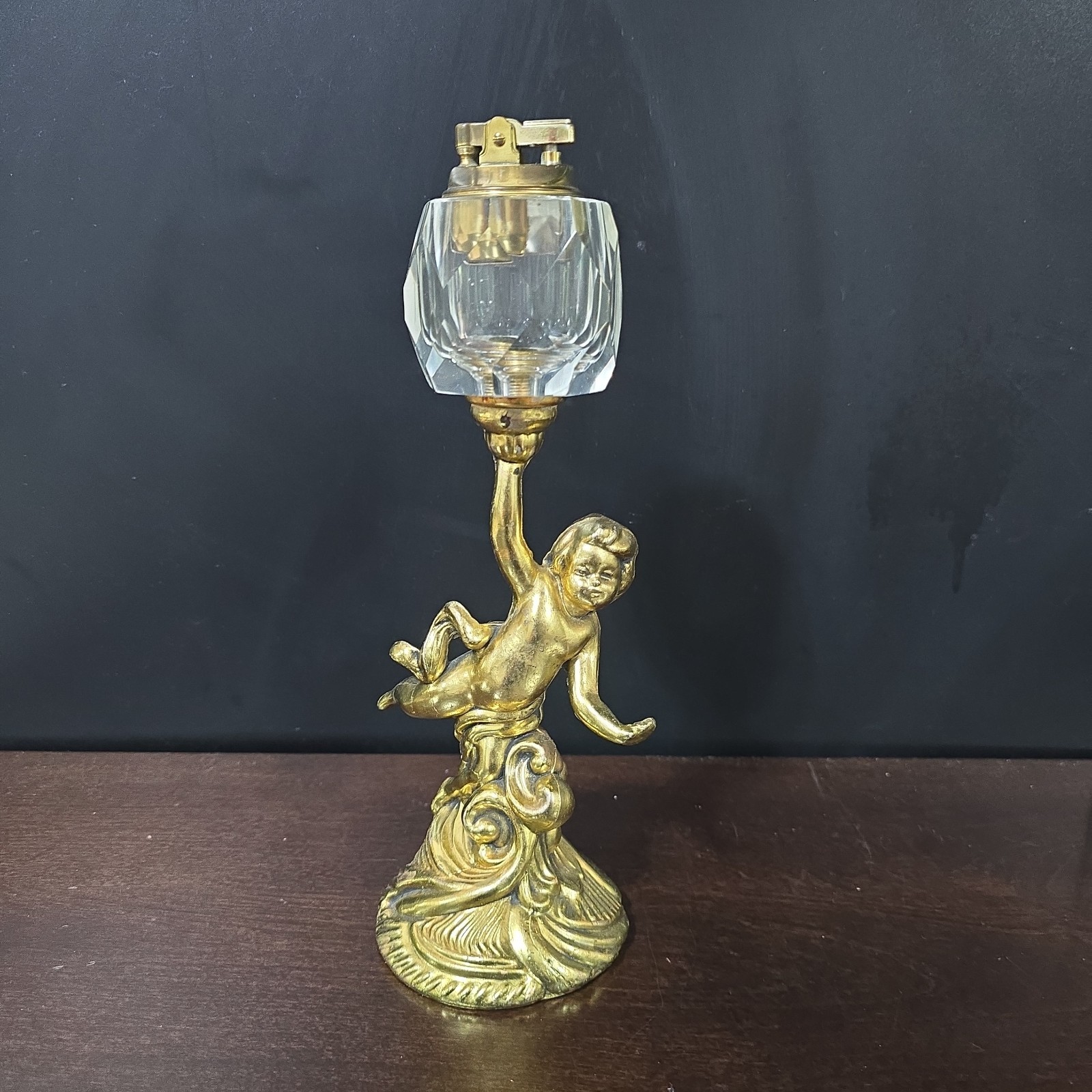 Vintage Figural Cherub Table Lighter Brass Tone Putti Faceted Glass Reservoir