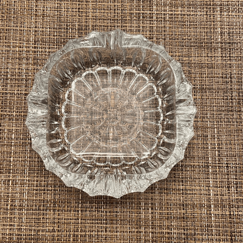 Pressed Glass Ashtray with Center Daisy Flower and Scalloped Edges