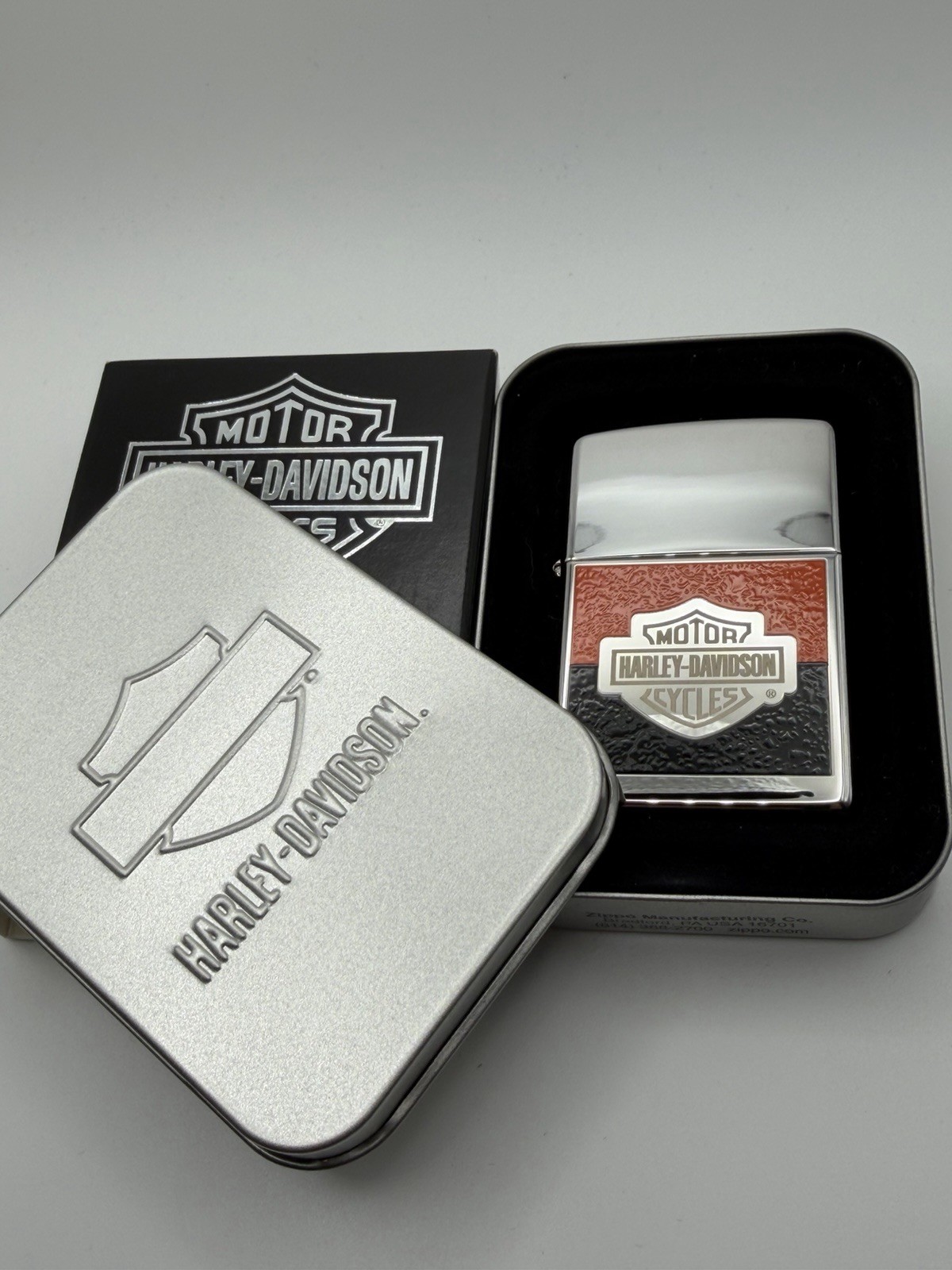 Vintage 2008 Harley Davidson Shield Orange Black Chrome Zippo Lighter New B11