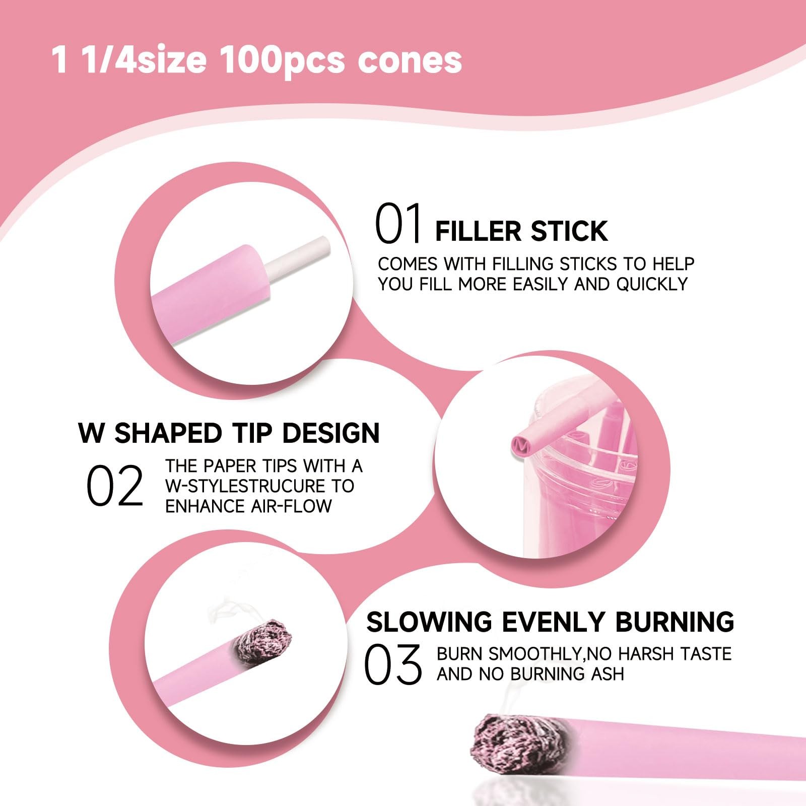 100 PACK Pink Pre Rolled Cones| King Size Rolling Paper Cone 108MM with Loade…