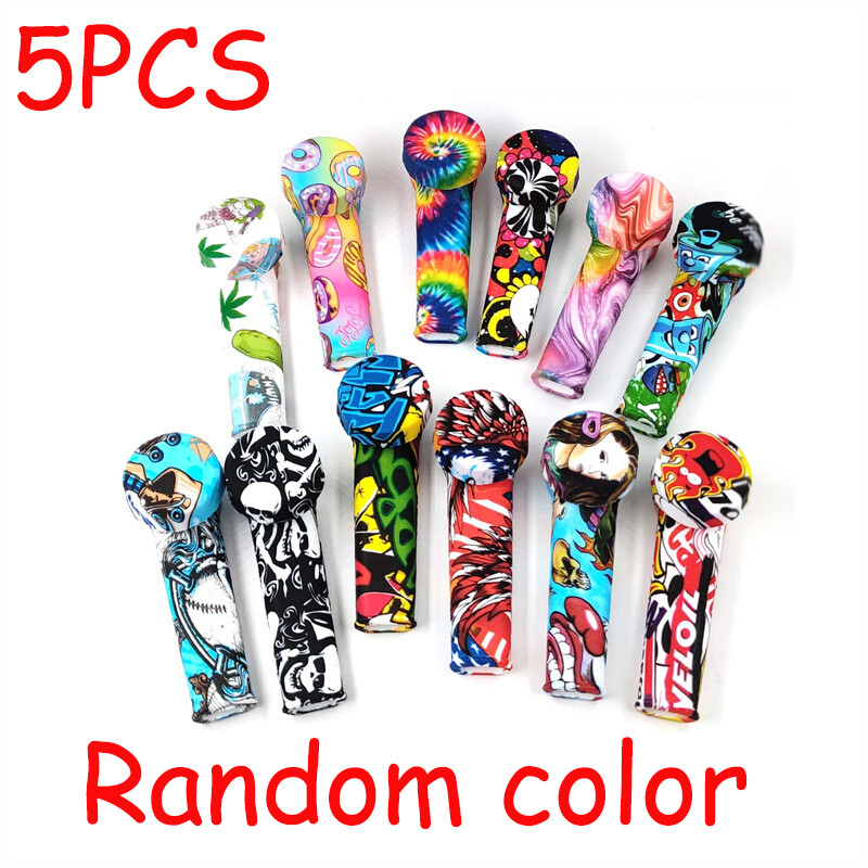 Lot Of 5 3.5” Silicone Smoking Hand Pipe with Cap Lid Pocket Pipe & Metal Bowl