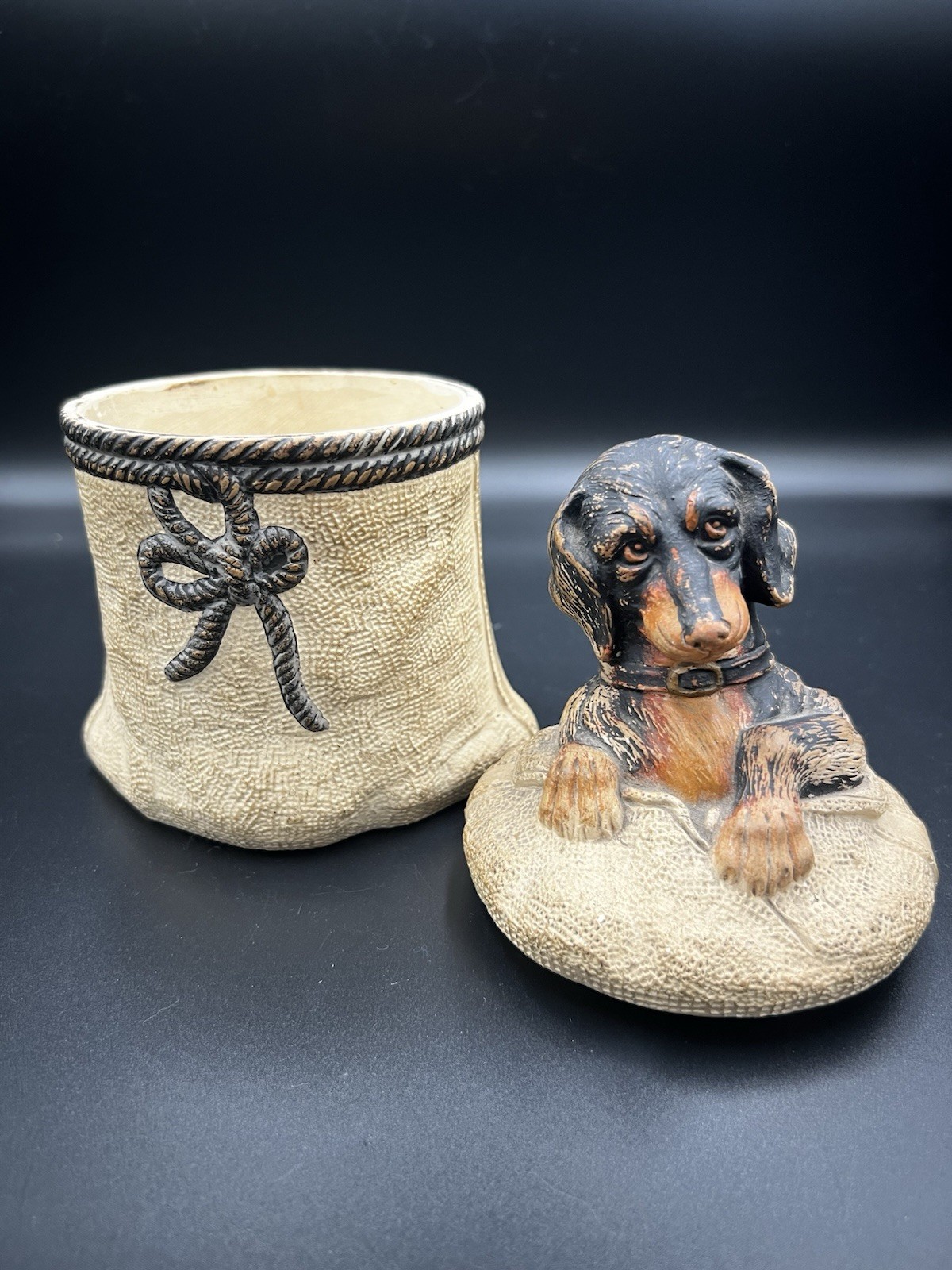 Antique Johann Maresch Dachshund Tobacco Jar Humidor Dog on Burlap Sack Austrian