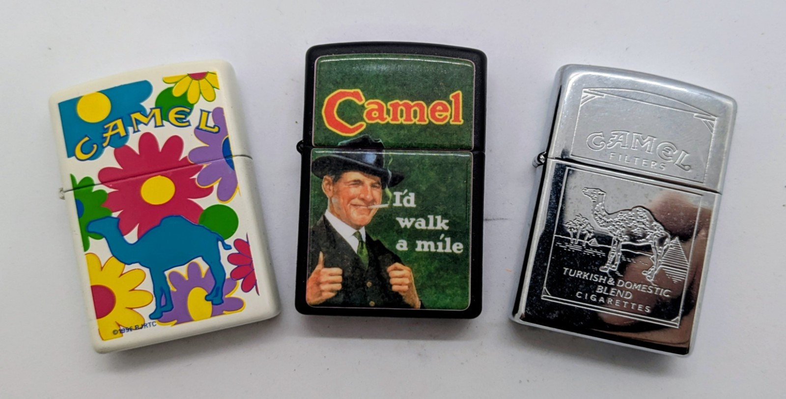 *3 Camel Zippo Lighter Lot!* 1990s Flowers “I’d Walk A Mile” Turkish Chrome NEW!