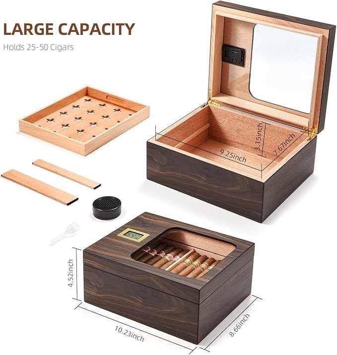 Modern Cigar Humidor Box Glass Top Digital Hygrometer Cedar Holds 25-50 Cigars