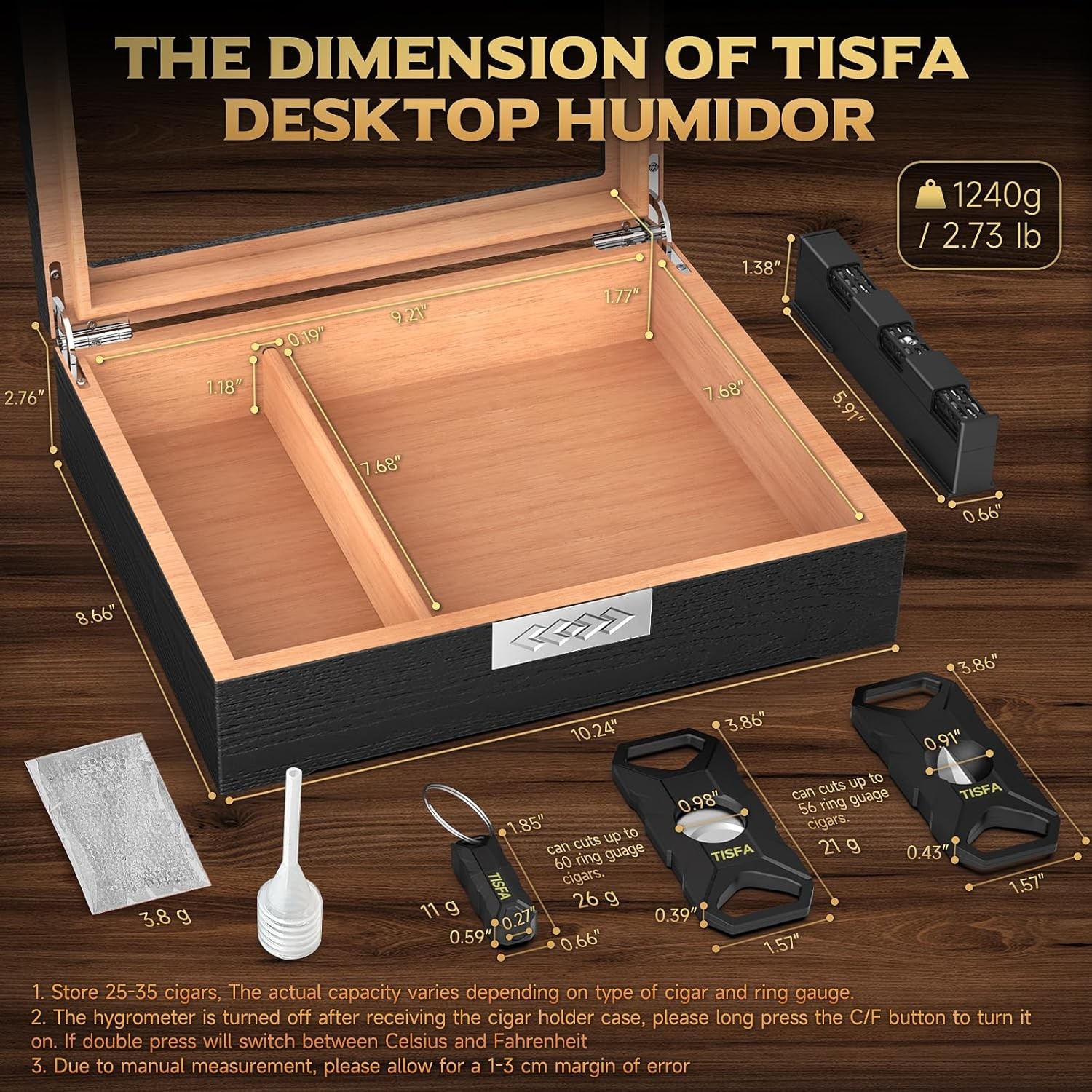 Cigar Humidor, Cedar Wood Desktop Humidor Box with Digital Hygrometer, Adjustabl