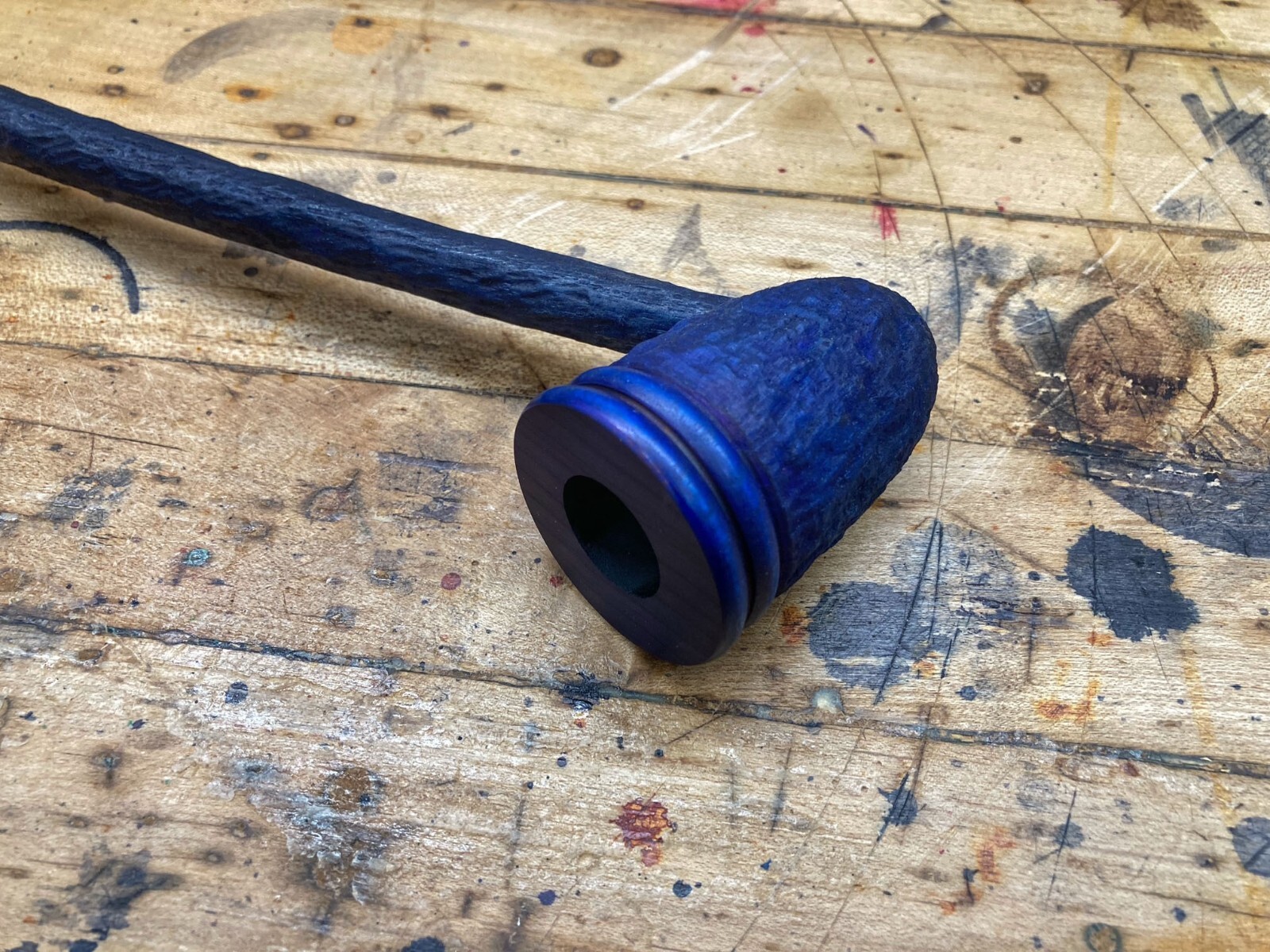 Wizard Smoking Pipe Long Stem Tobacco Pipe Rustic Black and Blue with Rings