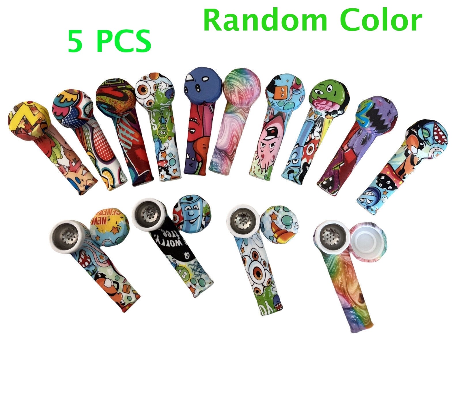5PCS Random Color Portable Mini Silicone Pipes – With Stainless Steel Bowl & Lid