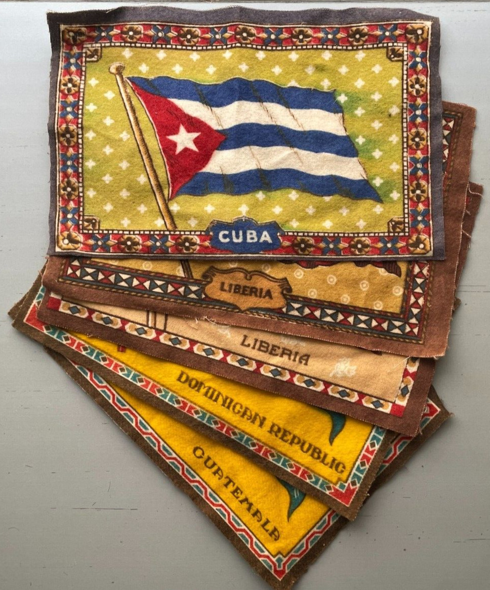 (5) Antique Felt Cigar Flannels – South America Flags Cuba, Liberia, Guatemala