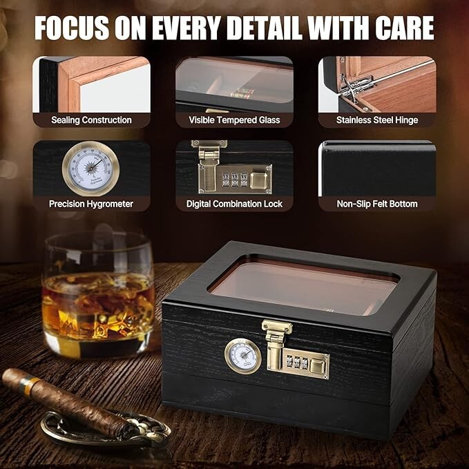 Cigar Humidor, Cedar Wood Humidor Cigar Box Combination Lock, Gift for men