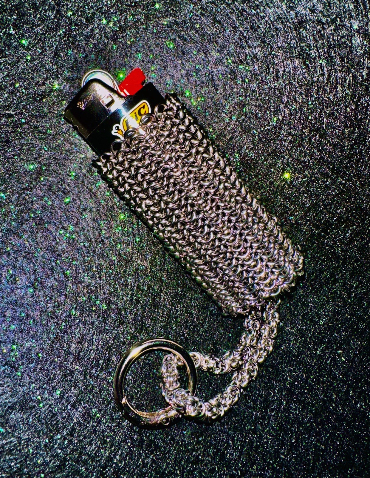 Silver/Black Pocket Lighter in Metal Chainmail Sleeve with Key Ring