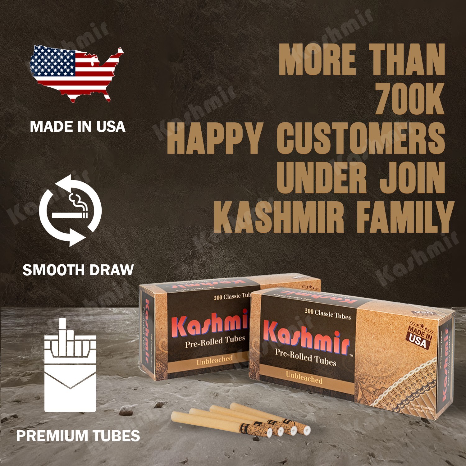 Kashmir: Pre-Rolled Unbleached Classic Cigarette Tubes Made in USA 200 Pack