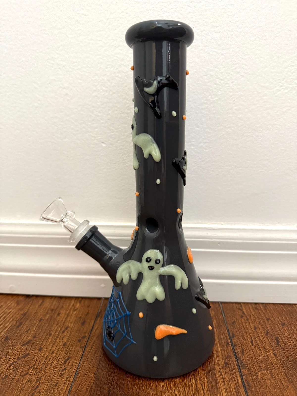 10″ Premium Glass Water Pipe Black Spooky Ghosts Spiders Bats Glowing 14mm