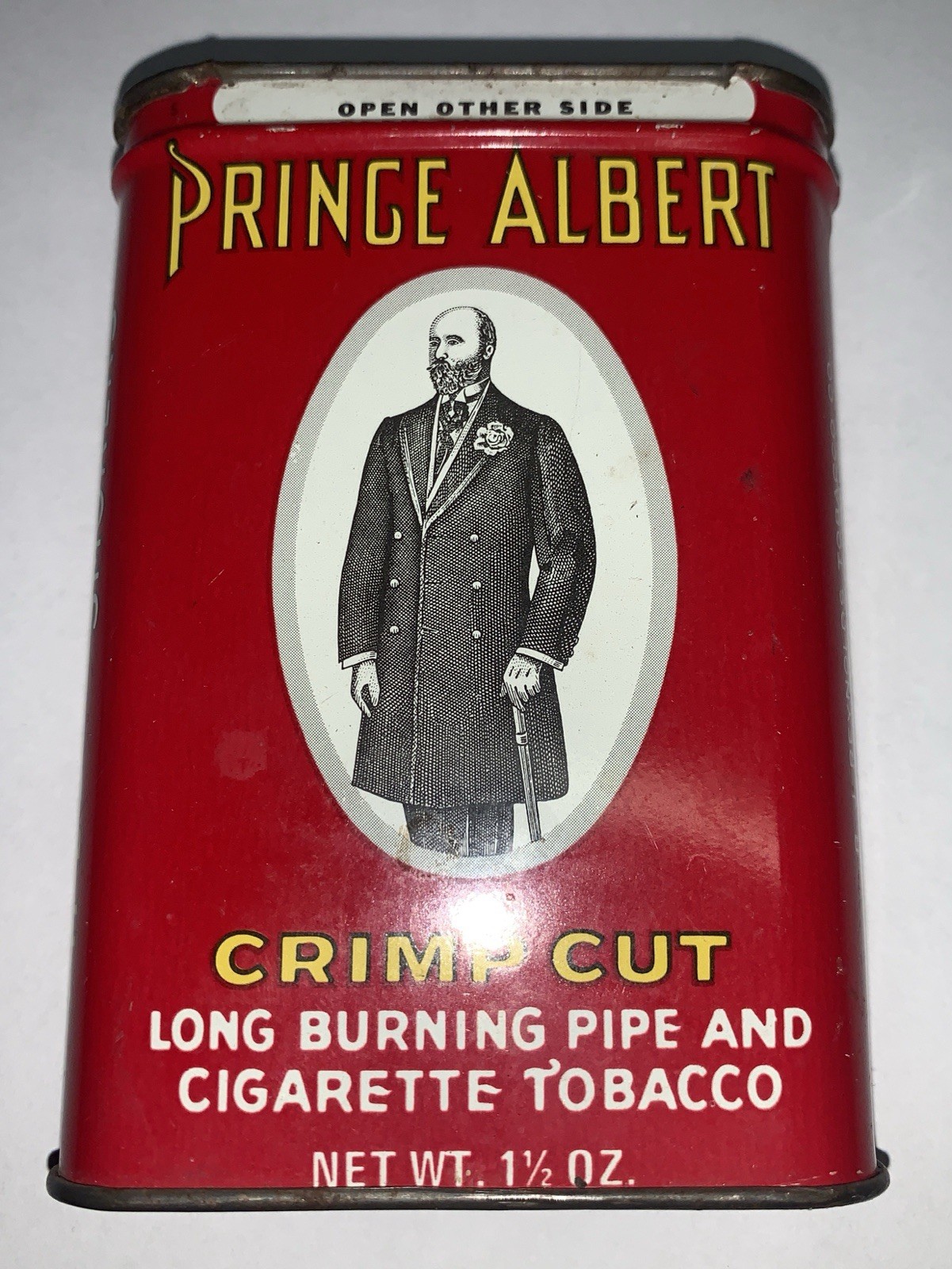 Vintage Prince Albert Crimp Cut Tobacco Tin Pocket Can Empty Litho Red 4 1/2”