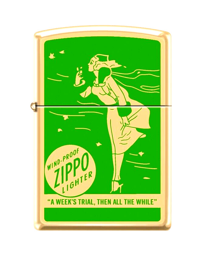 Zippo Windproof Polished Brass Lighter With Green Windy & Logo, 99510 New In Box
