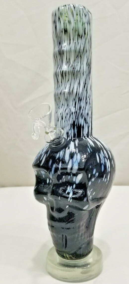 INHALE®️12″ SKULL HEAD HEAVY DUTY SOFT GLASS BLACK AND WHITE WITH PULL STEM